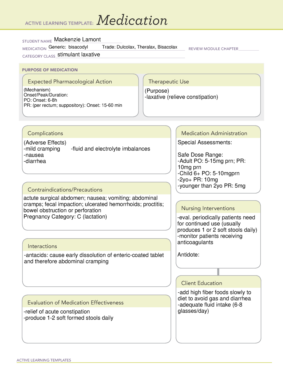 Bisacodyl (Dulcolax) med template ACTIVE LEARNING TEMPLATES