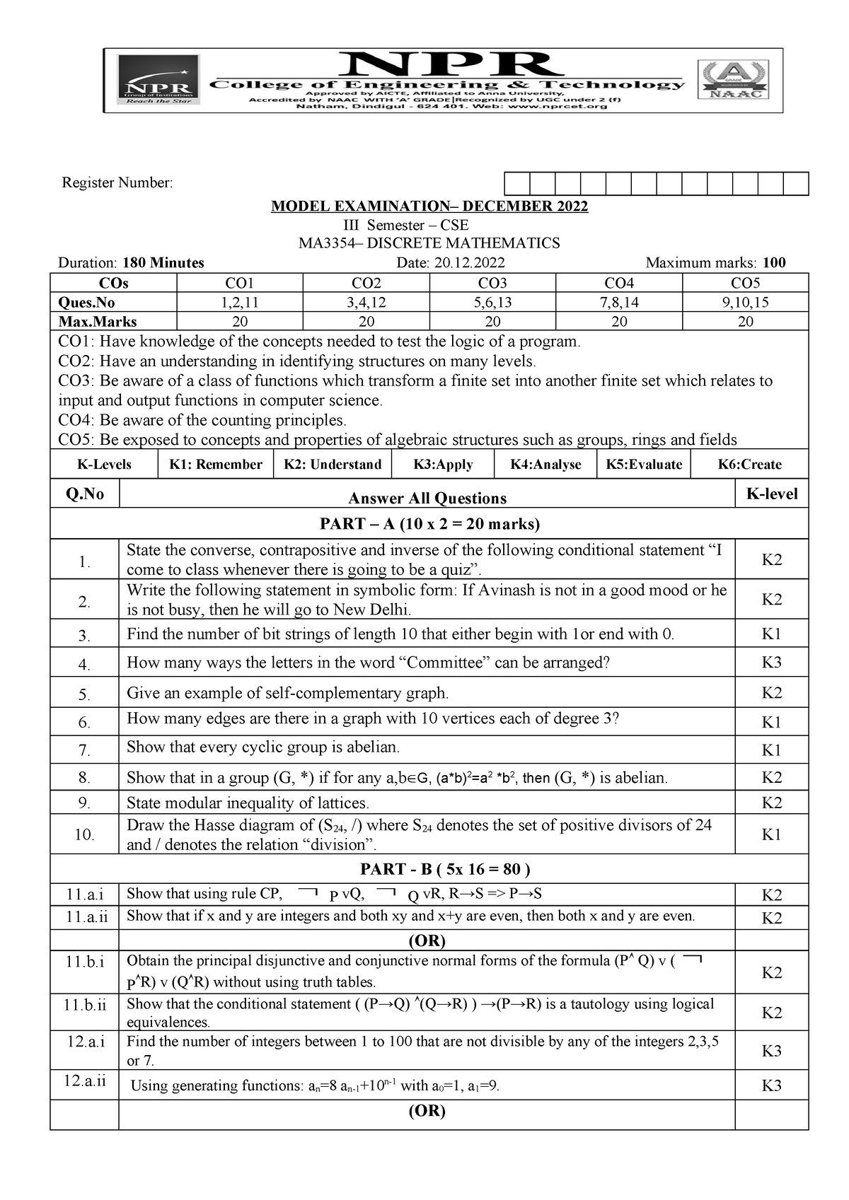 MA3354 DM - Model Question Paper- SET-B - Register Number: MODEL ...