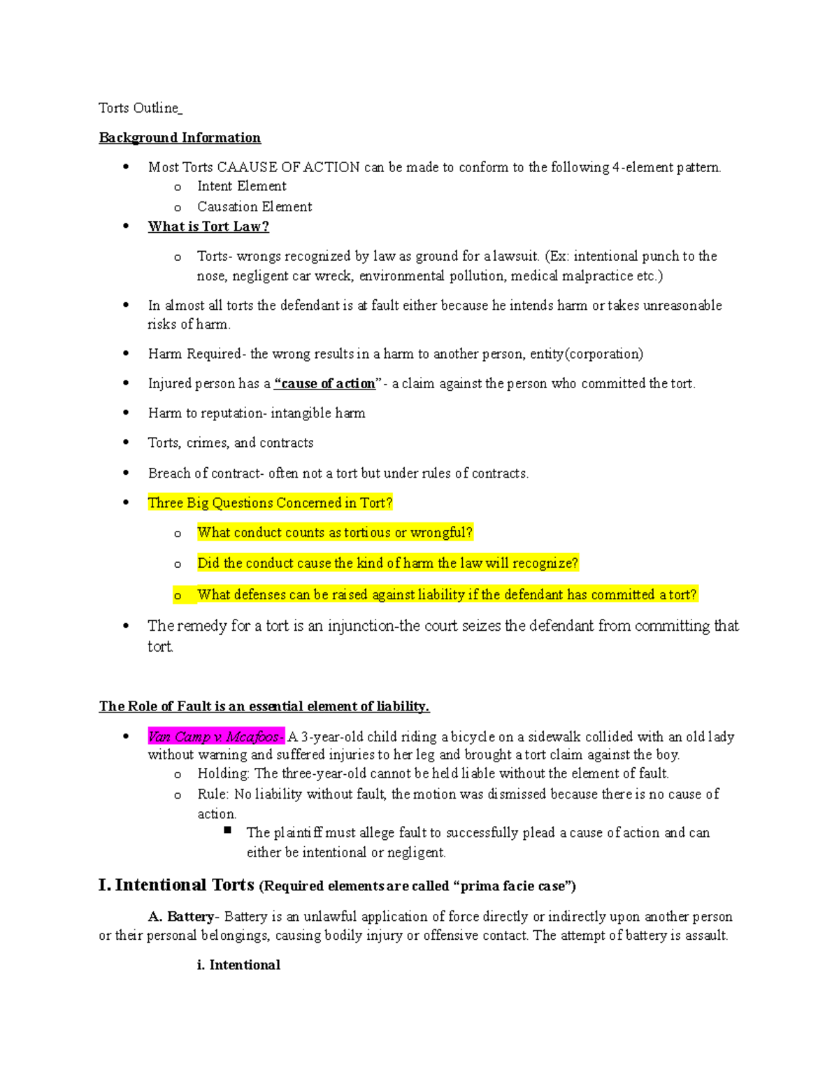 Torts Final Outline 2022 - Torts Outline Background Information Most ...