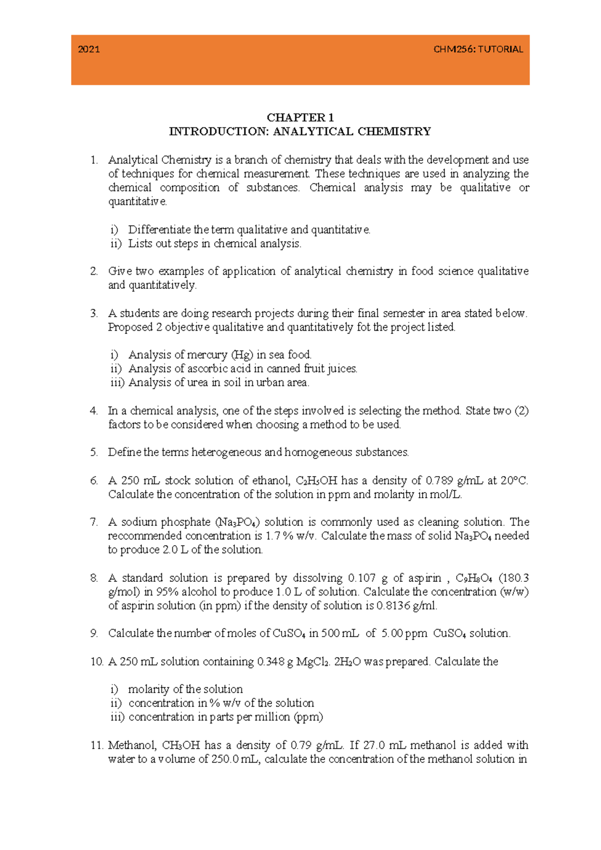 CHM256 Tutorial Chapter 1 Analytical Chemistry - 2021 CHM256: TUTORIAL ...