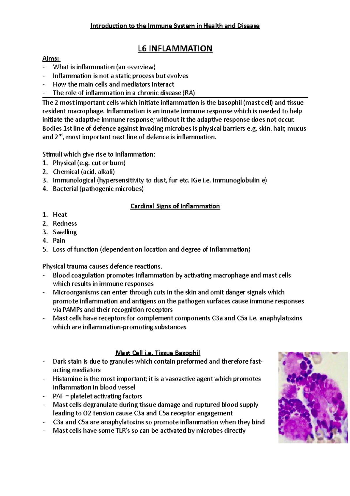 L6 Inflammation - Lecture notes 6 - L6 INFLAMMATION Aims: What is ...