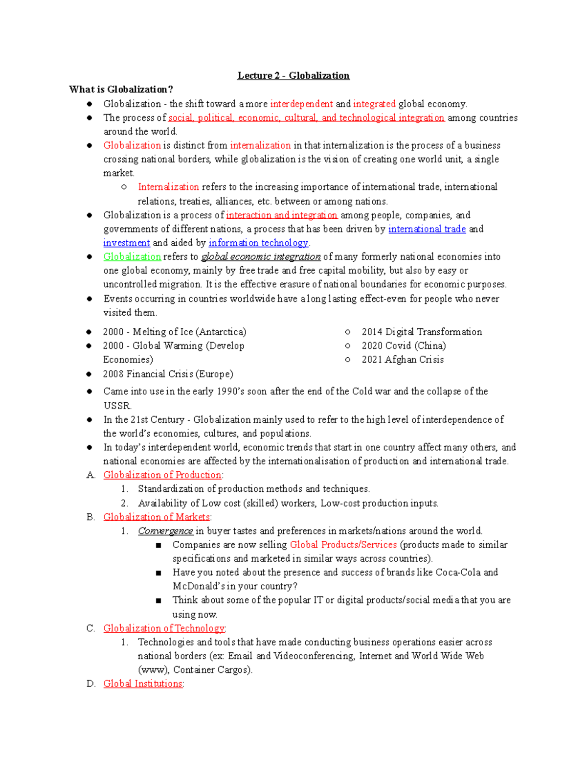 ADM 3318 Lecture 2 - Globalization - Lecture 2 - Globalization What is ...