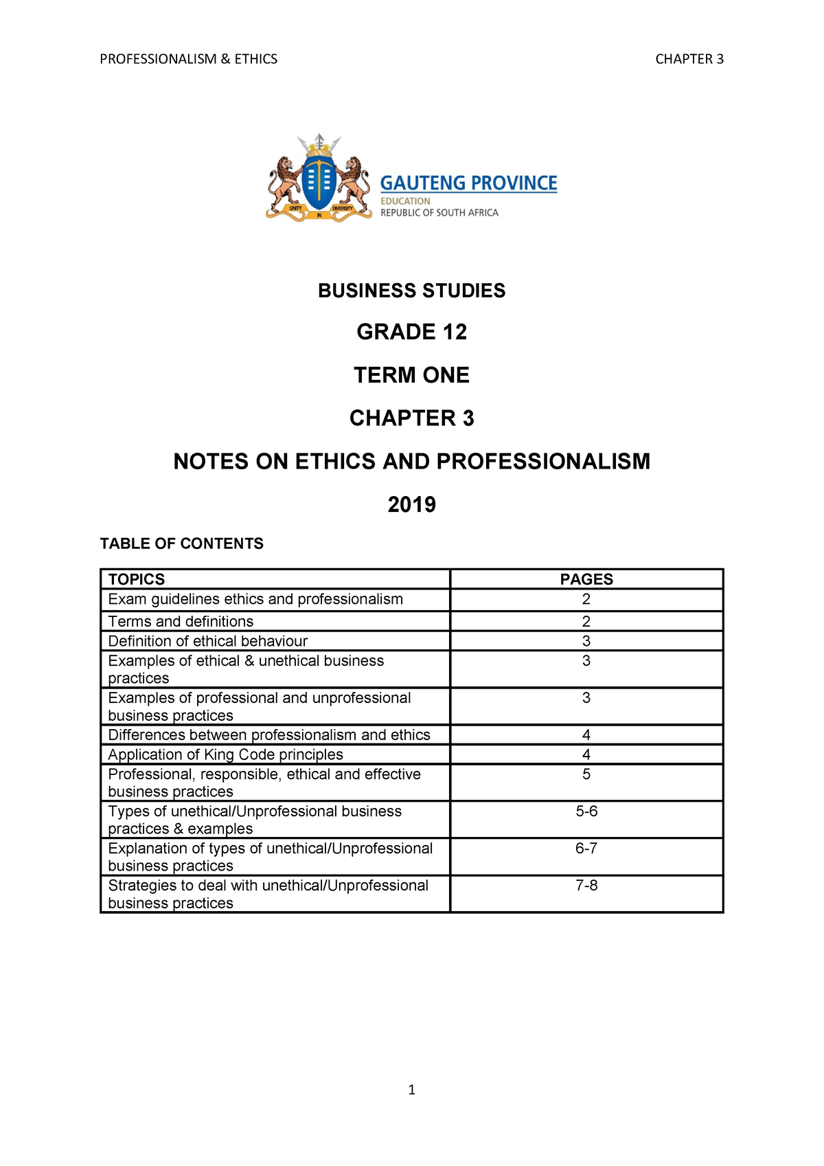 Business Studies Grade 12 Notes ON Ethics Professionalism BUSINESS 