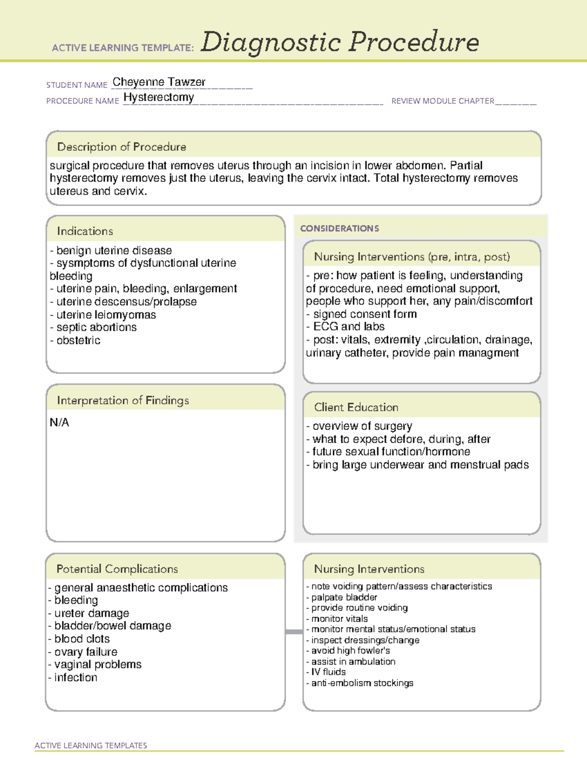 Hysterectomy - ACTIVE LEARNING TEMPLATES Diagnostic Procedure STUDENT ...