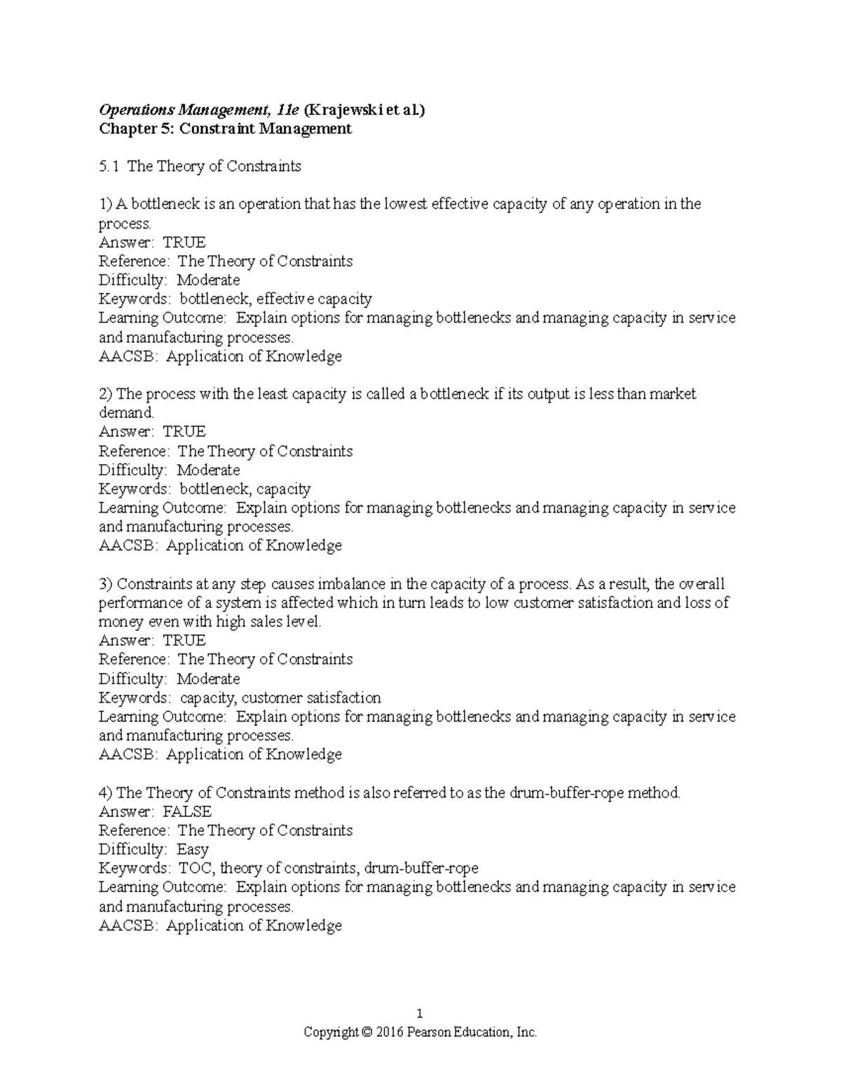 Krajewski 11e TB Ch05 Test Bank For Operations Management PrOcesses