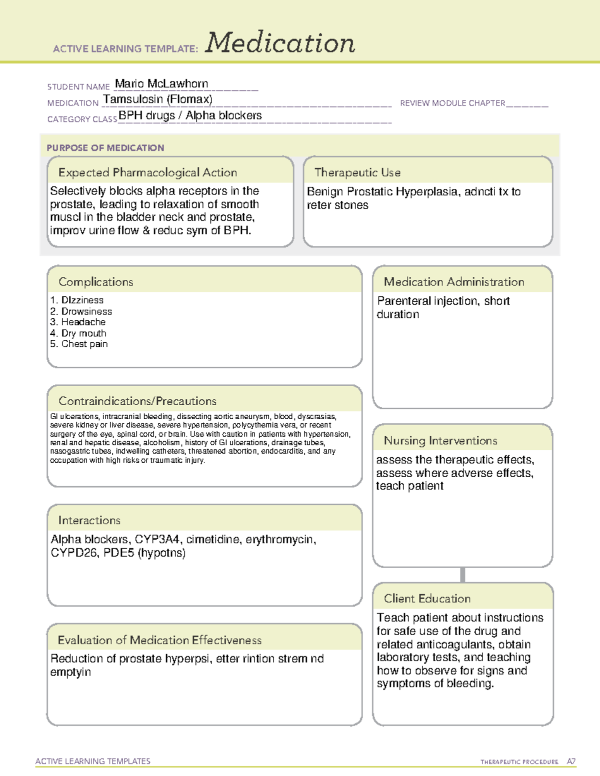 Medication Card- Tamsulosin - ACTIVE LEARNING TEMPLATES TherapeuTic ...