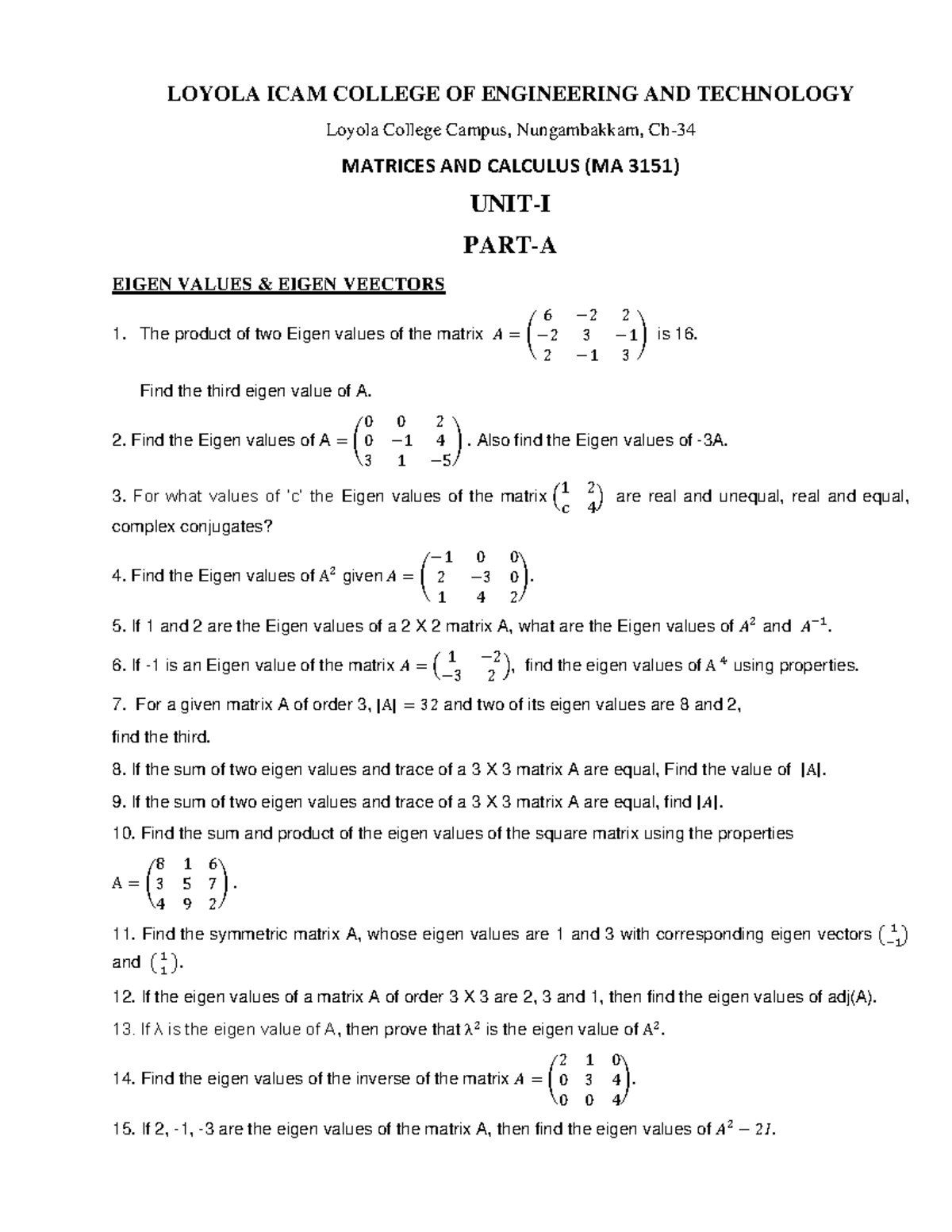 Maths QP LOYOLA ICAM COLLEGE OF ENGINEERING AND TECHNOLOGY Loyola College Campus, Nungambakkam