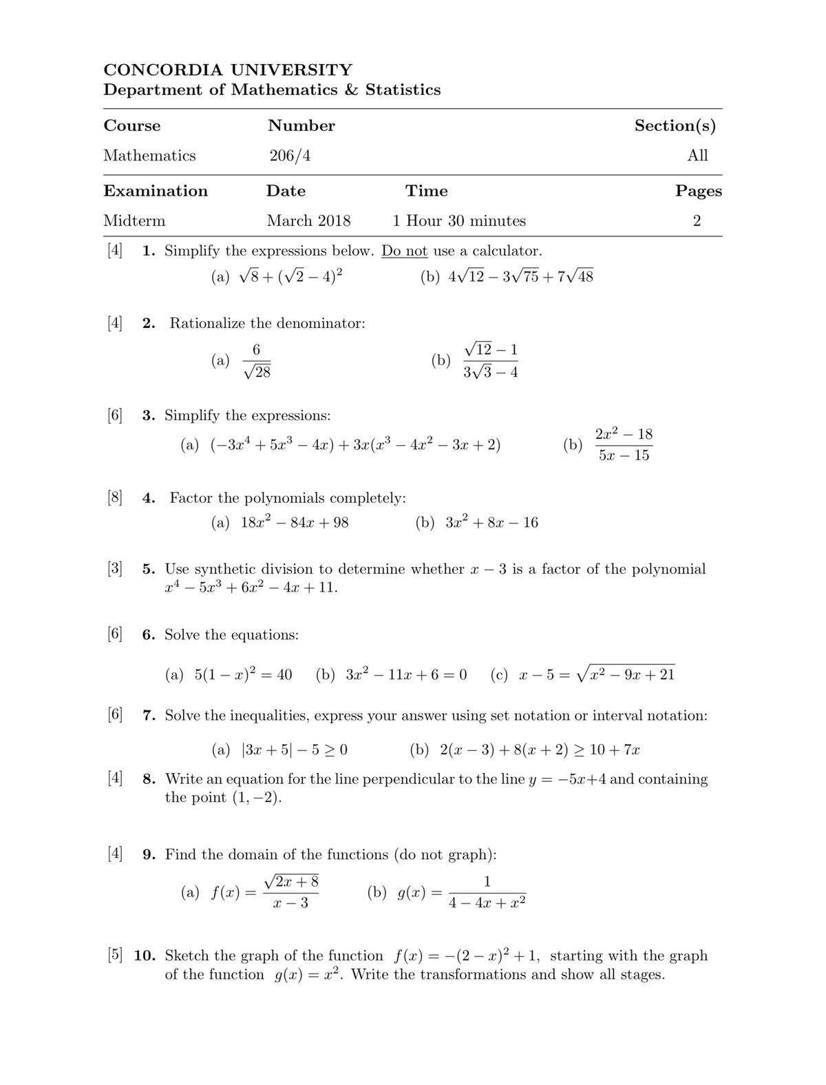 Mid term smaple 2 - Midterm - MATH 206 - Studocu