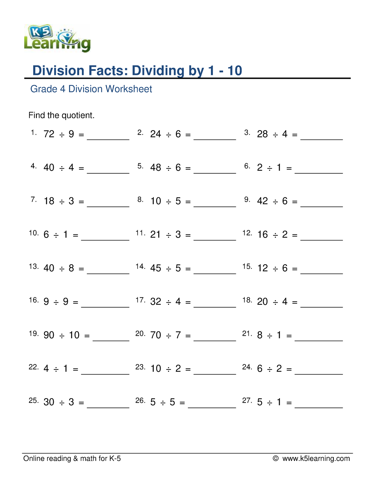 Grade 4 division facts 1 to 10 d - Online reading & math for K-5 ...