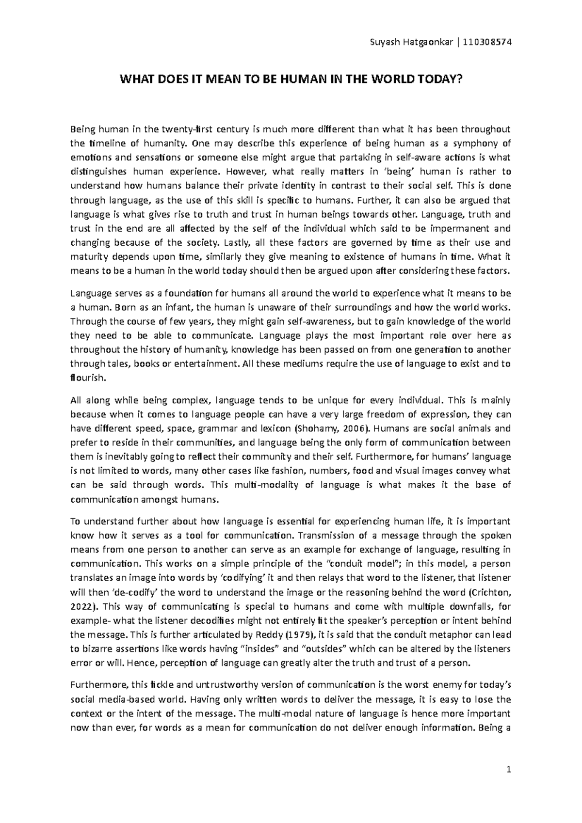 Essay HUMS 1060 WHAT DOES IT MEAN TO BE HUMAN IN THE WORLD TODAY