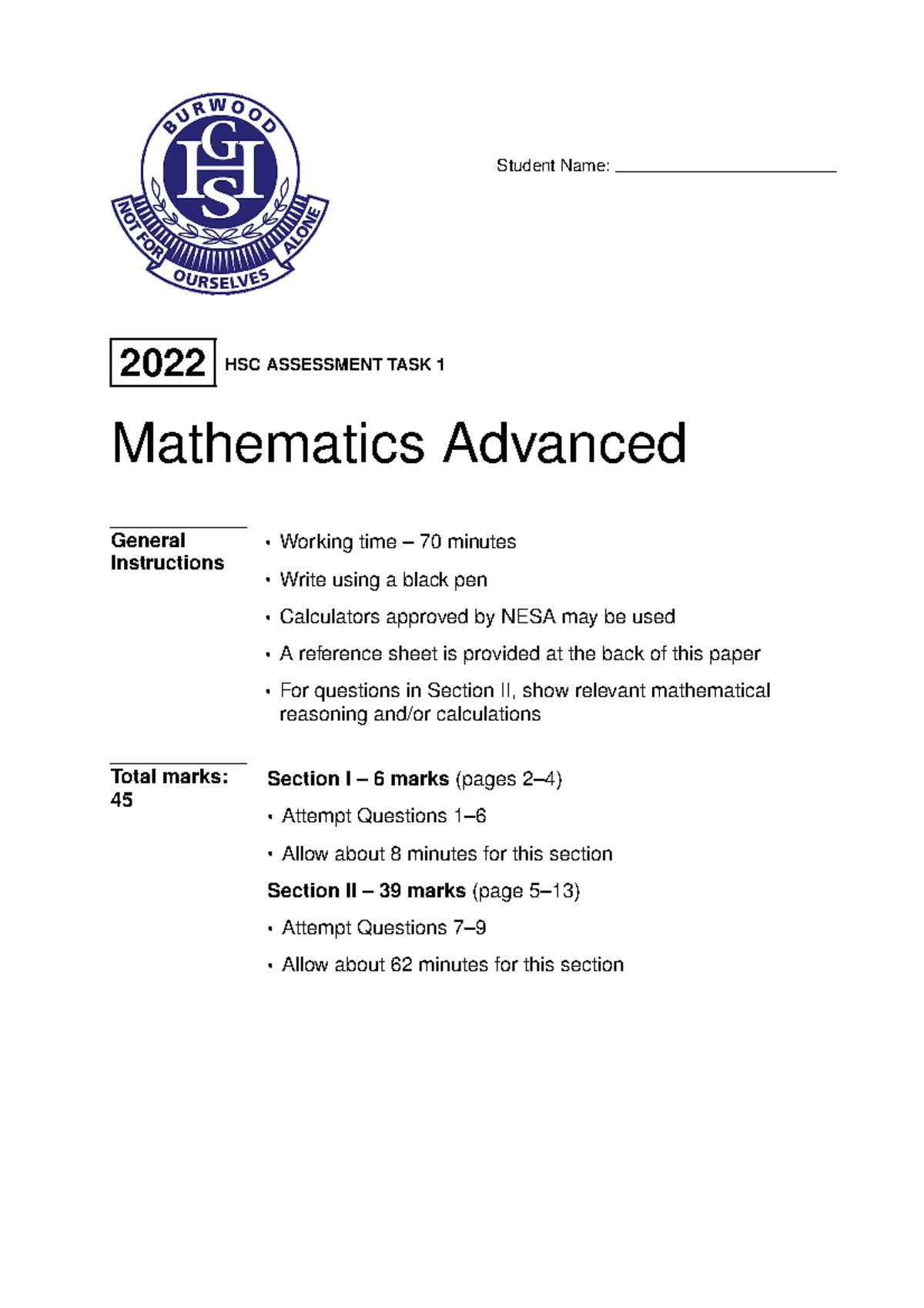 2022 BGHS HSC Mathematics Advanced AT1 - Student Name: 2022 HSC ...