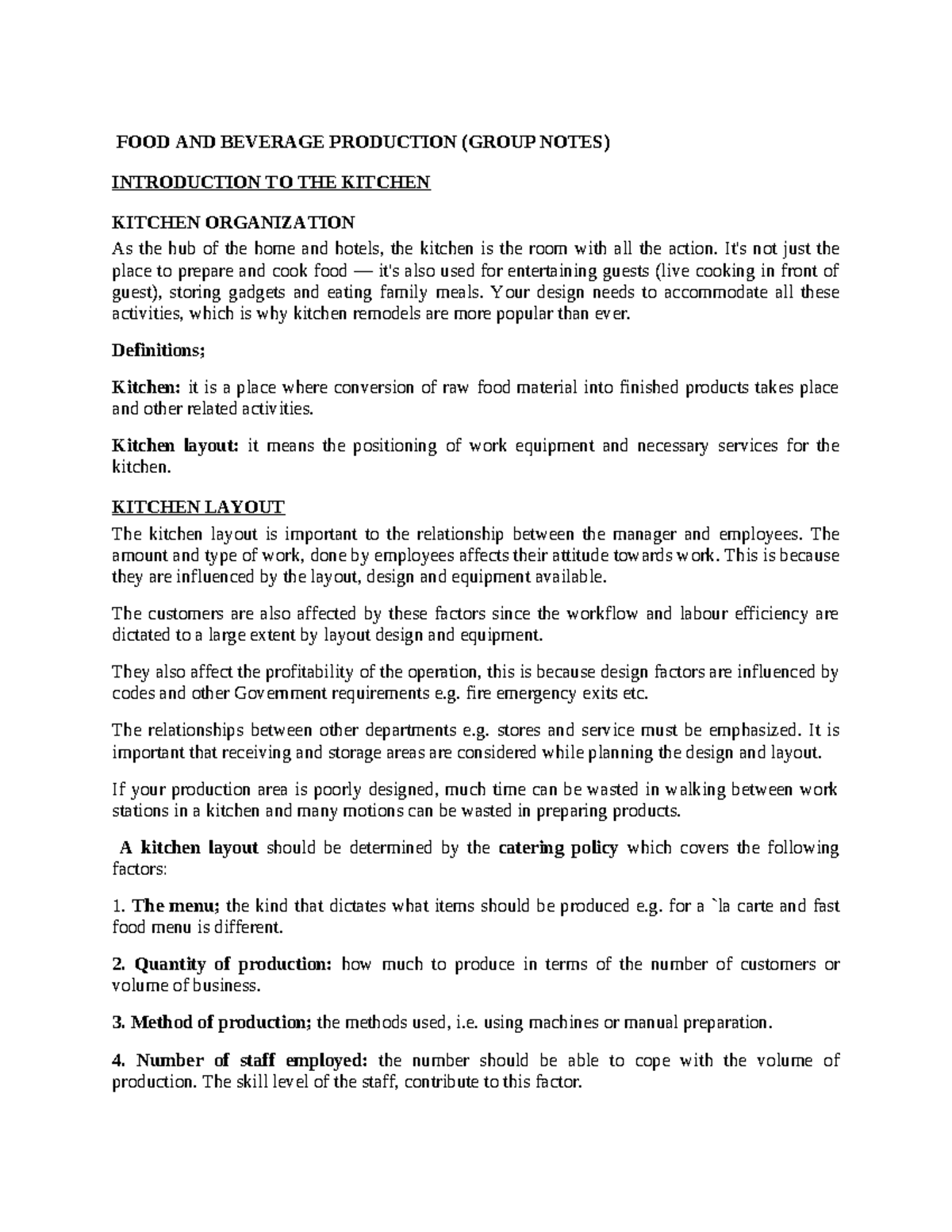 Prodmngnt FOOD AND BEVERAGE PRODUCTION (GROUP NOTES) INTRODUCTION TO