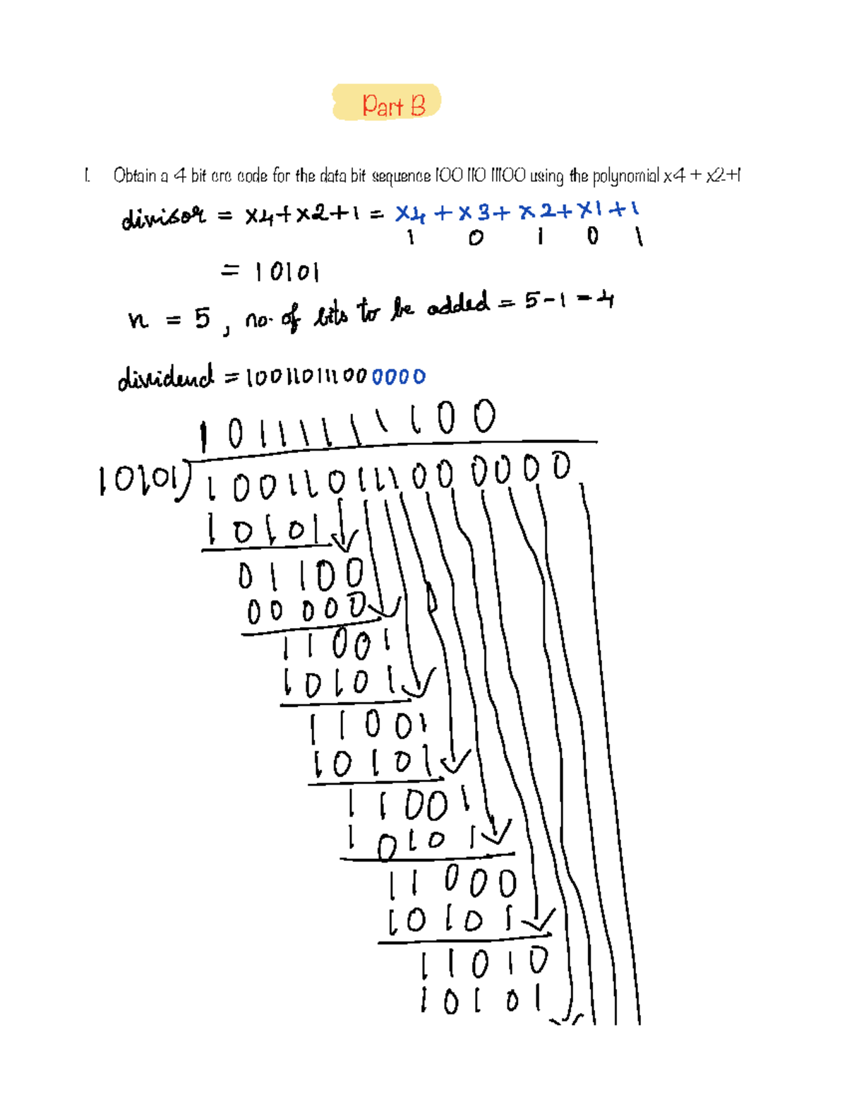 CN question bank answers - Part B Obtain a 4 bit crc code for the data ...