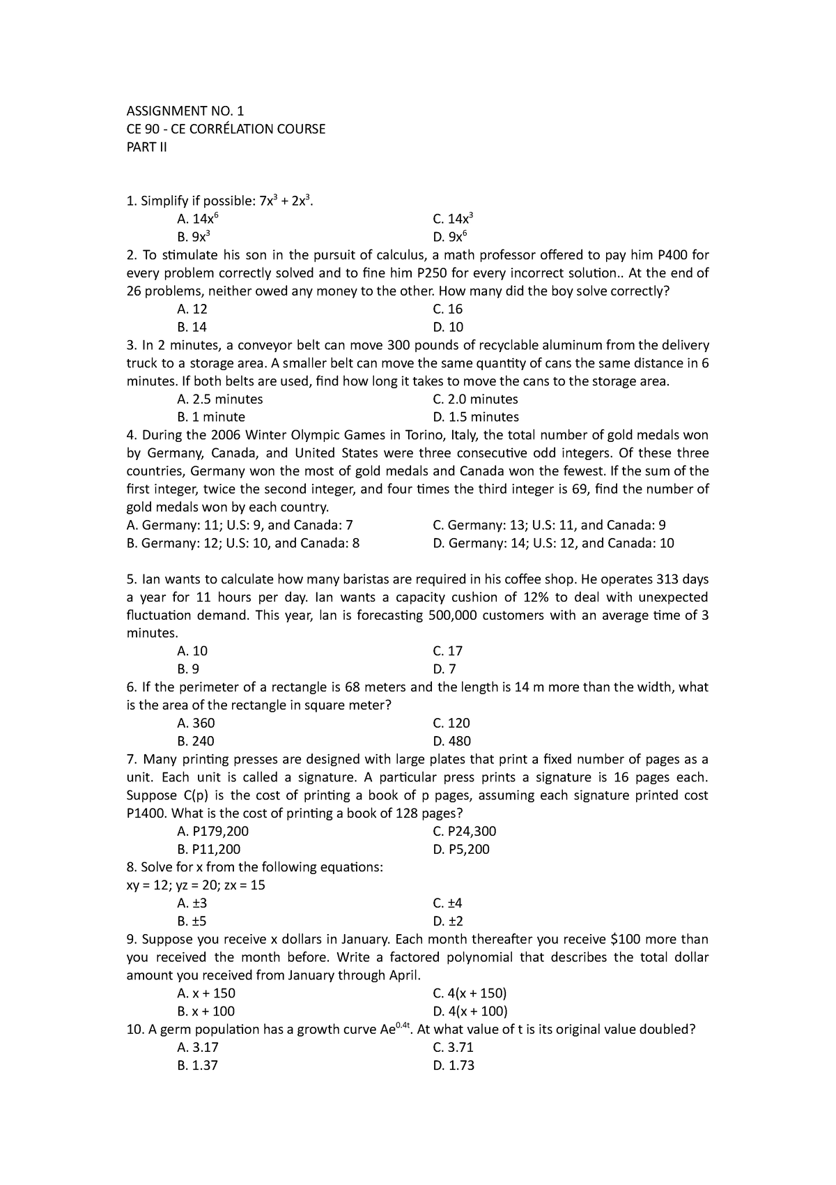 Assignment-no - None - Assignment No. 1 Ce 90 - Ce CorrÉlation Course 