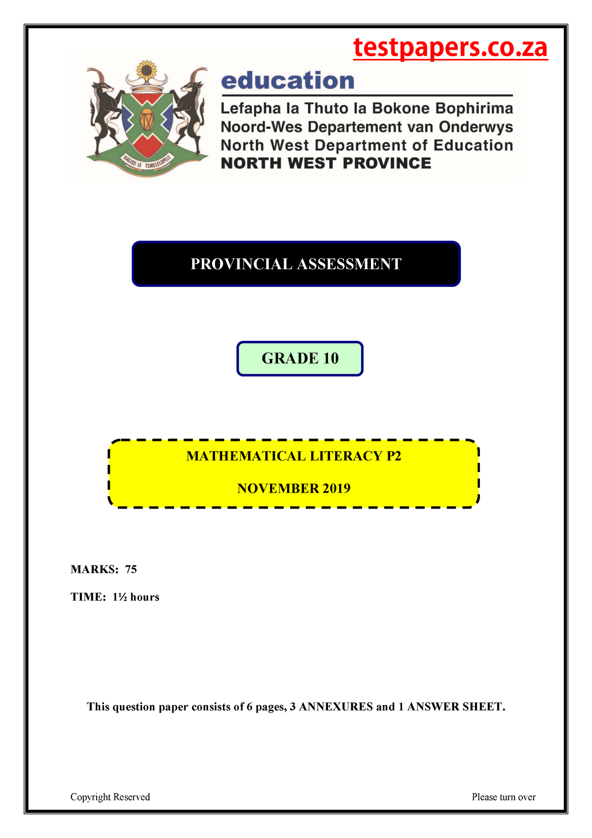 NW NSC GR 10 Maths LIT P2 ENG NOV 2019 MARKS 75 TIME 1 Hours This 