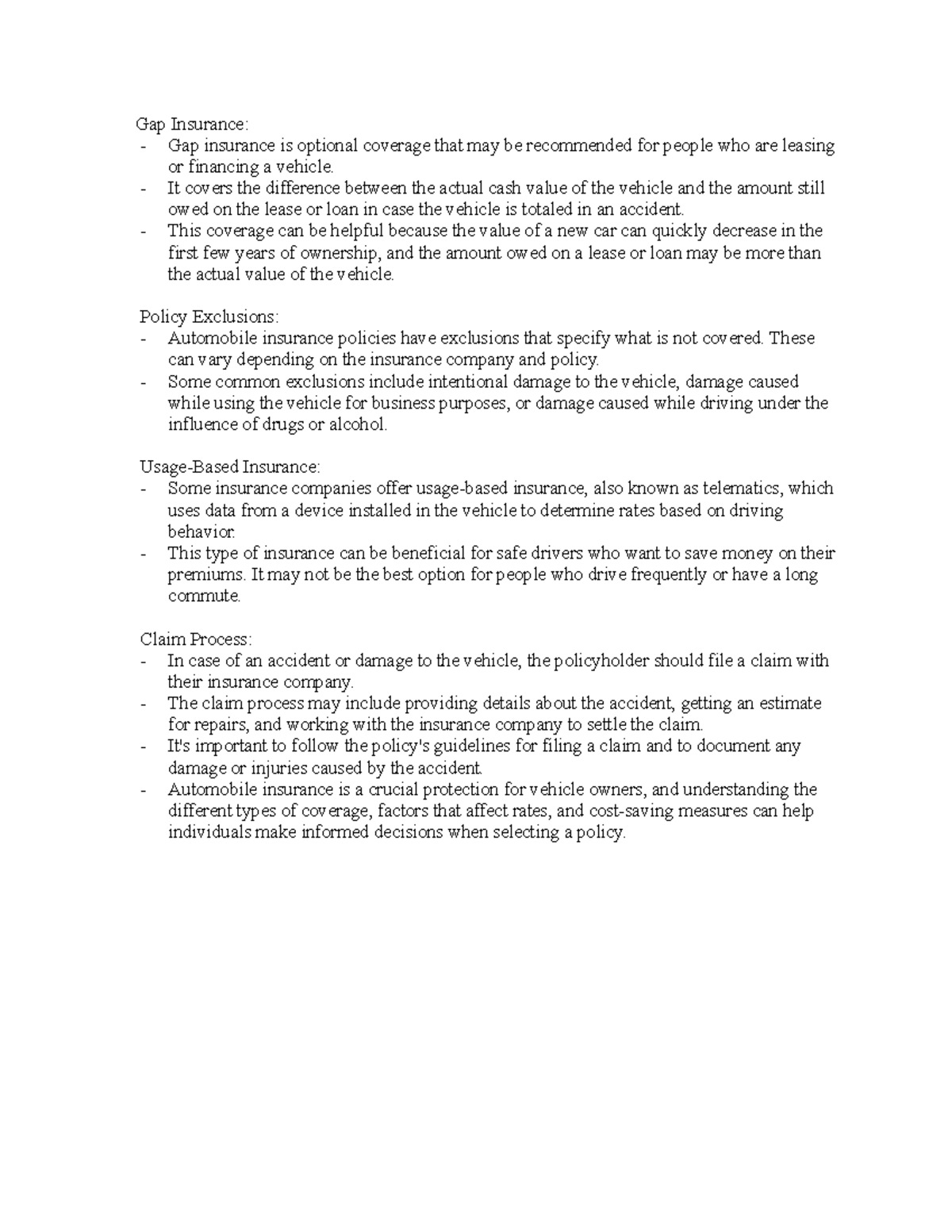 Automobile Insurance Notes 2 - Gap Insurance: - Gap insurance is ...