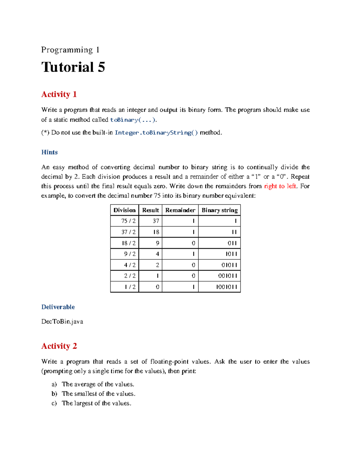 Tutorial 5 - good luck - Programming 1 Tutorial 5 Activity 1 Write a ...