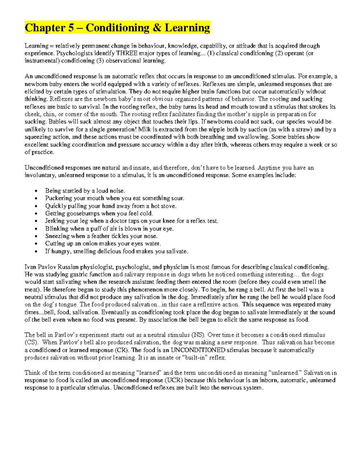 Ch 5 - Conditioning and Learning (Fall 2021) - Chapter 5 – Conditioning ...
