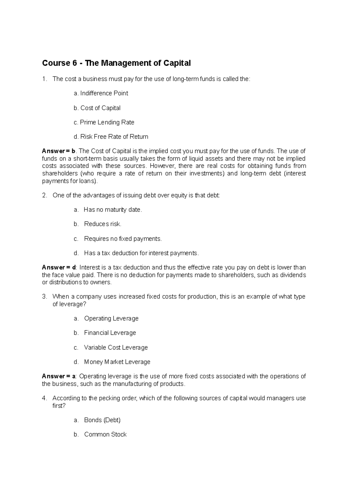 Course 6 - The Management of Capital - Course 6 - The Management of ...