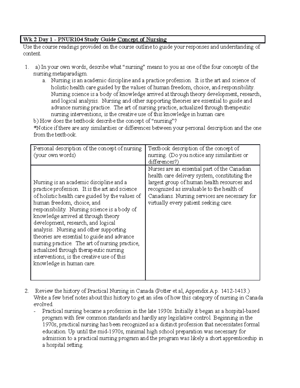 Wk2D1 PNUR104 Study Guide - Wk 2 Day 1 - PNUR104 Study Guide Concept of ...