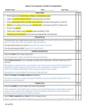 NSG 200 Head to Toe Assessment Check List and Grading Rubric - Student ...