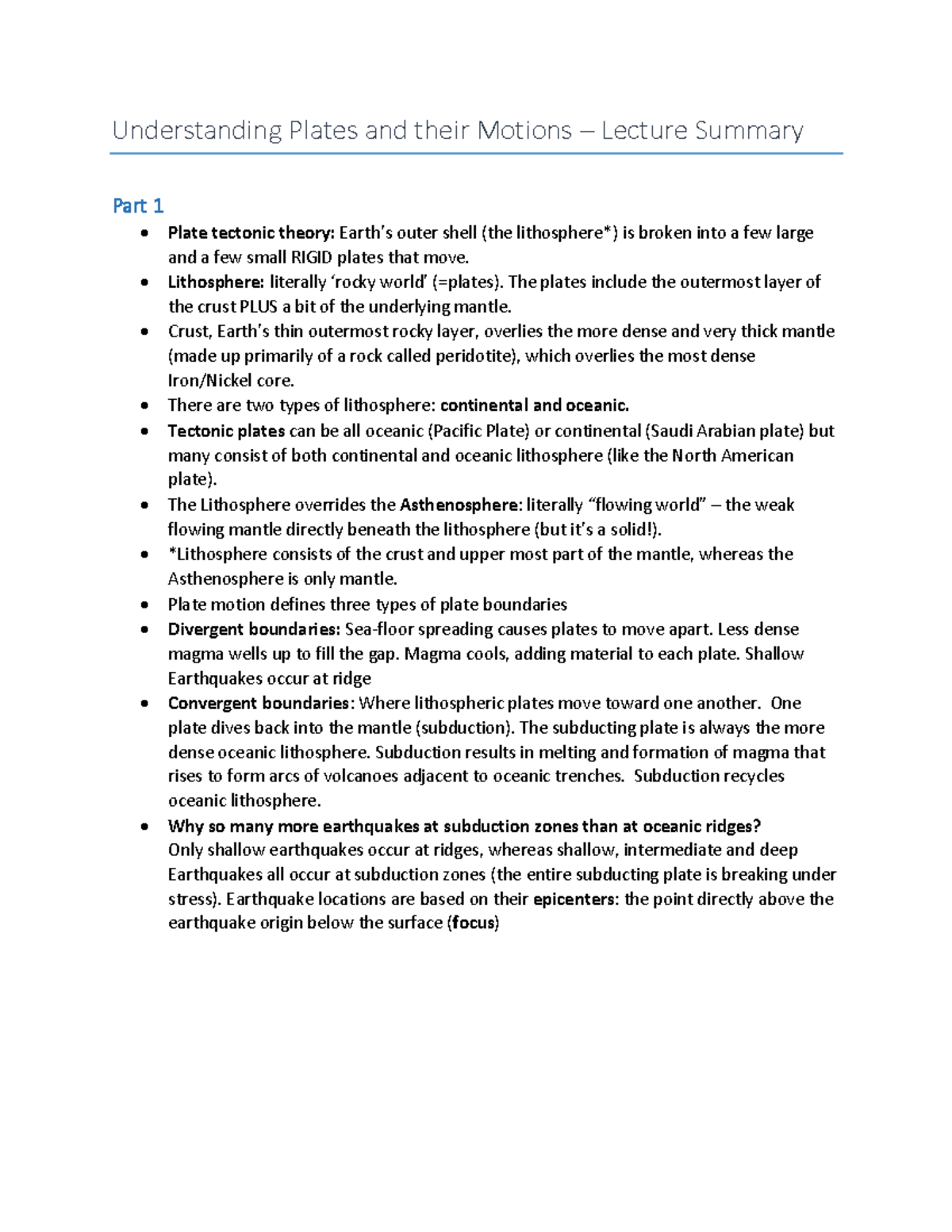 Lecture Summary-Understanding Plates And Their Motions-GEOL 11040 ...