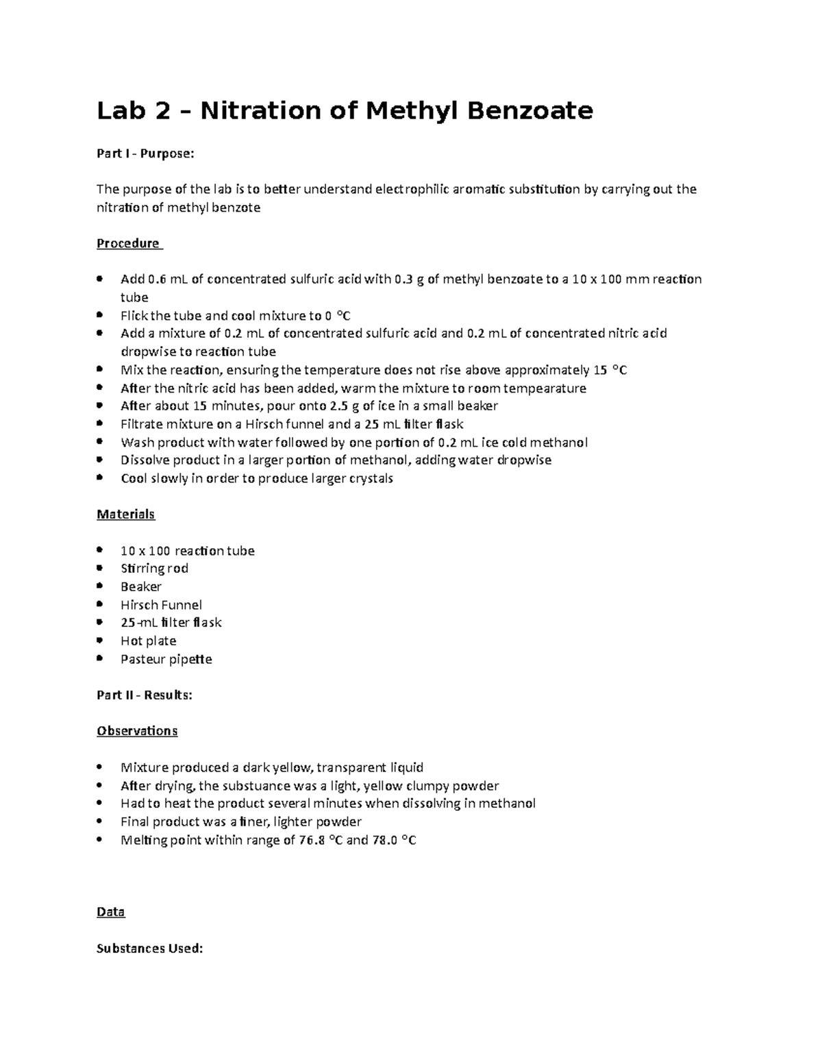 Organic Chemistry II Lab Nitration of Methyl Benzoate Lab 2