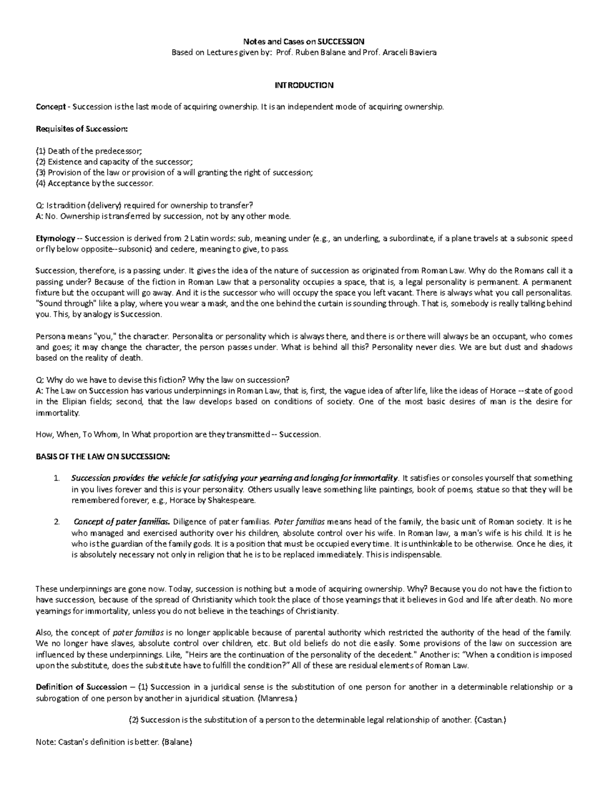 Notes and Cases on Succession - Notes and Cases on SUCCESSION Based on ...