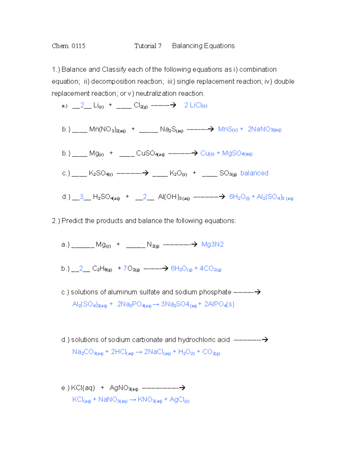 hand in assignment #7 chemical equations