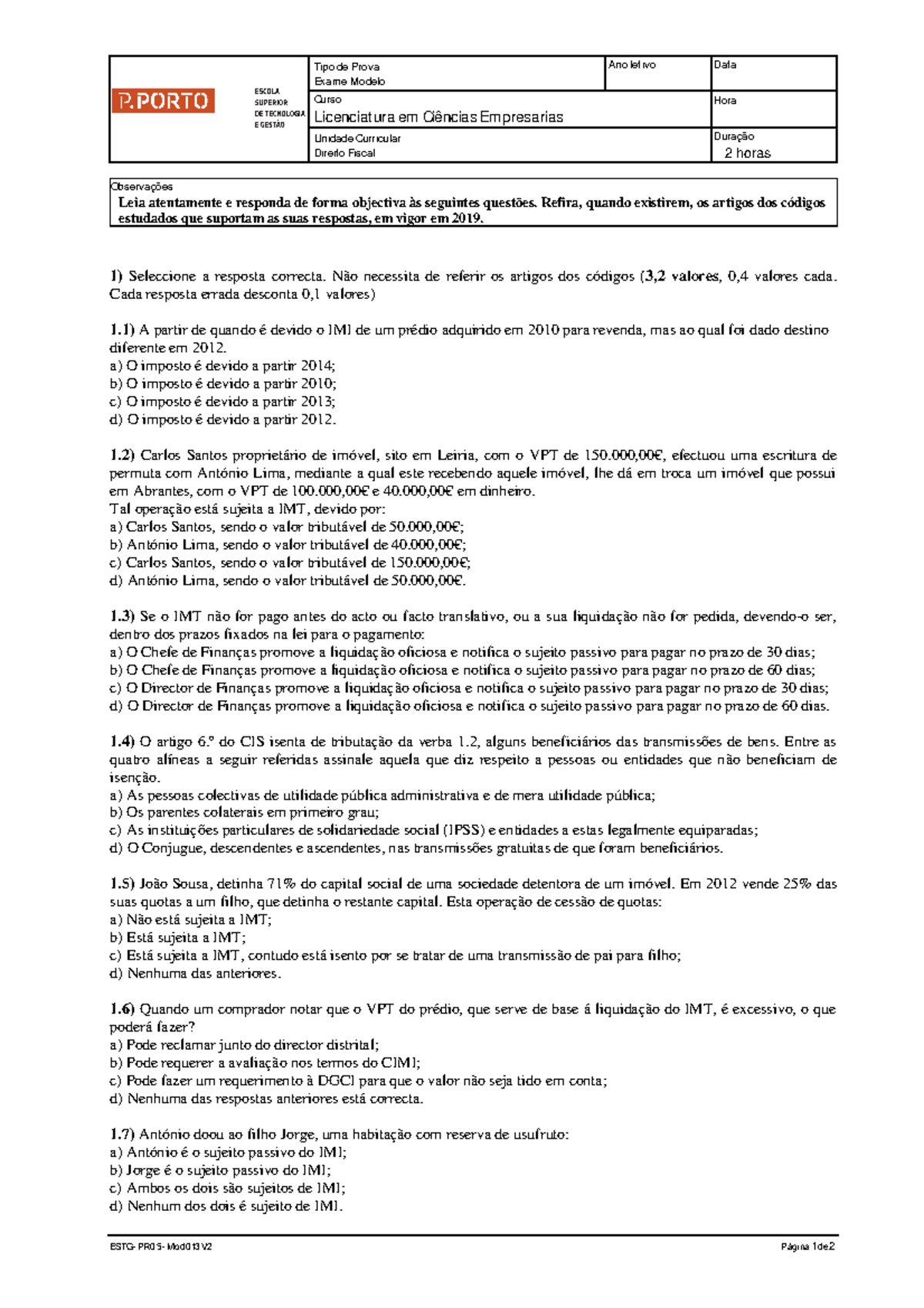 Direito Fiscal Exame Modelo 19 Tipo De Prova Exame Modelo Ano Letivo Data Curso Licenciatura 2709