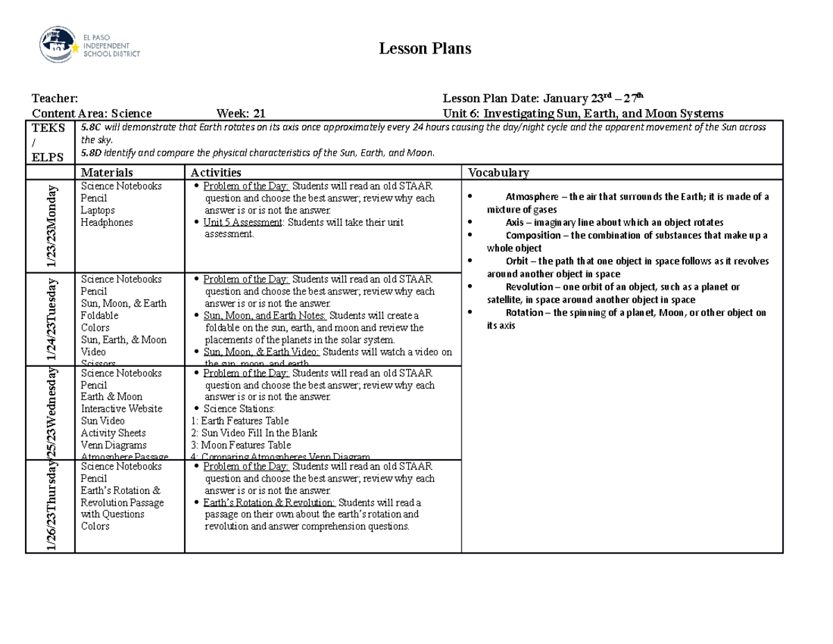 Science Week 21 Lesson Plans Teacher Lesson Plan Date January 23rd