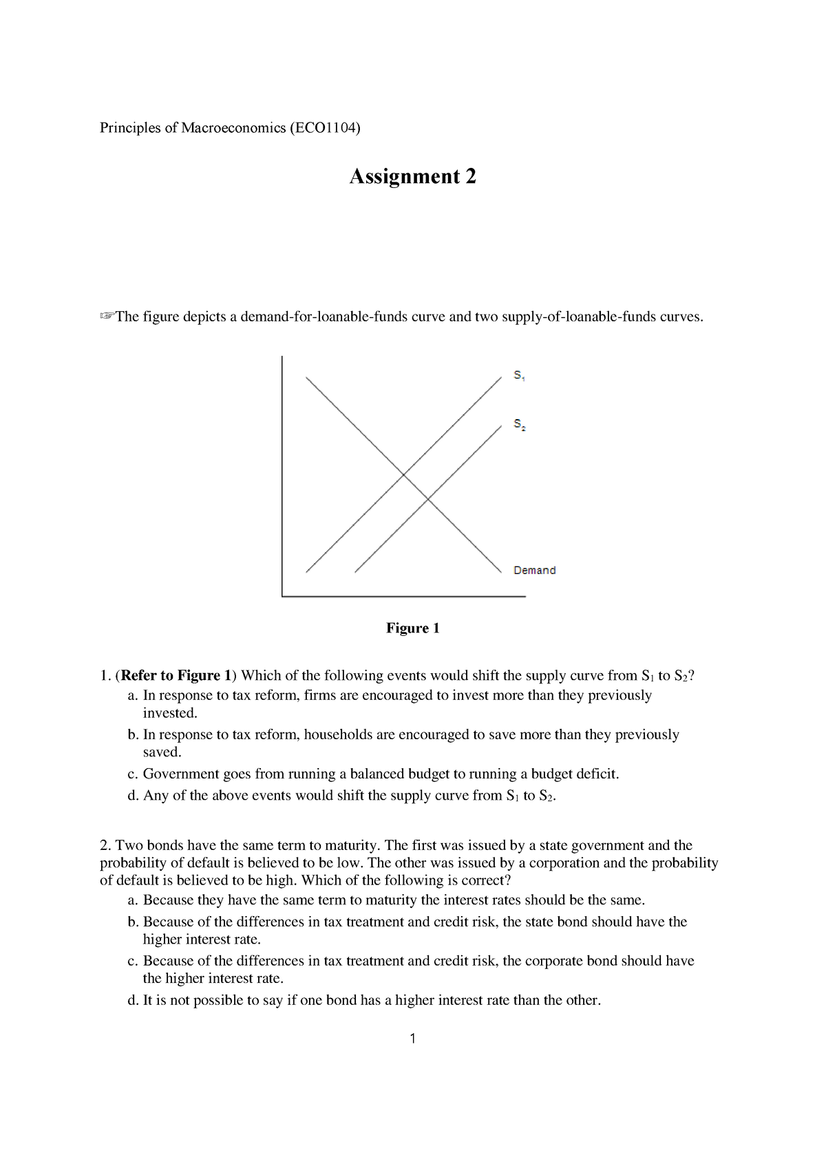 Assignment 2 Problem Set - Principles Of Macroeconomics (ECO1104 ...