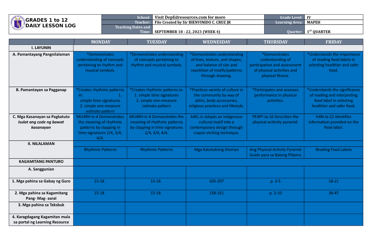 DLL Mapeh 4 Q1 W4 - Dll - GRADES 1 To 12 DAILY LESSON LOG School: Visit ...