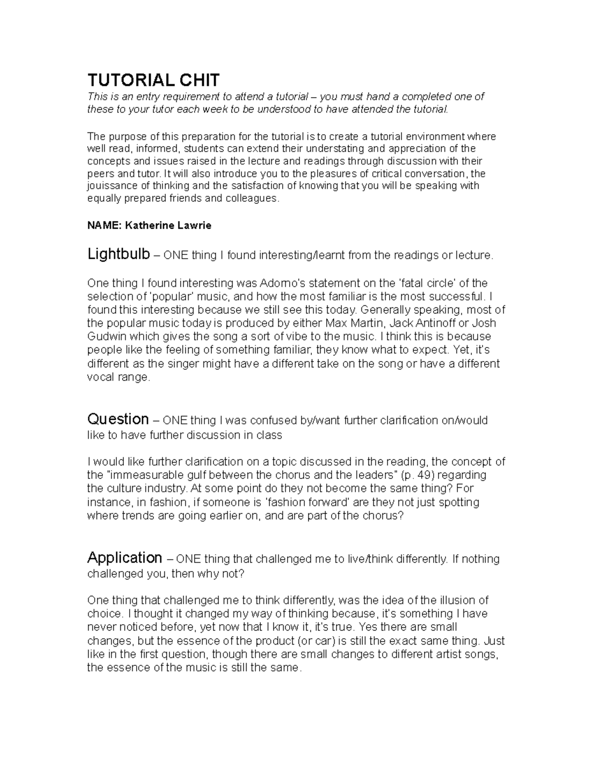 Tutorial chit week 5 - Work sheet for week 5 - TUTORIAL CHIT This is an ...