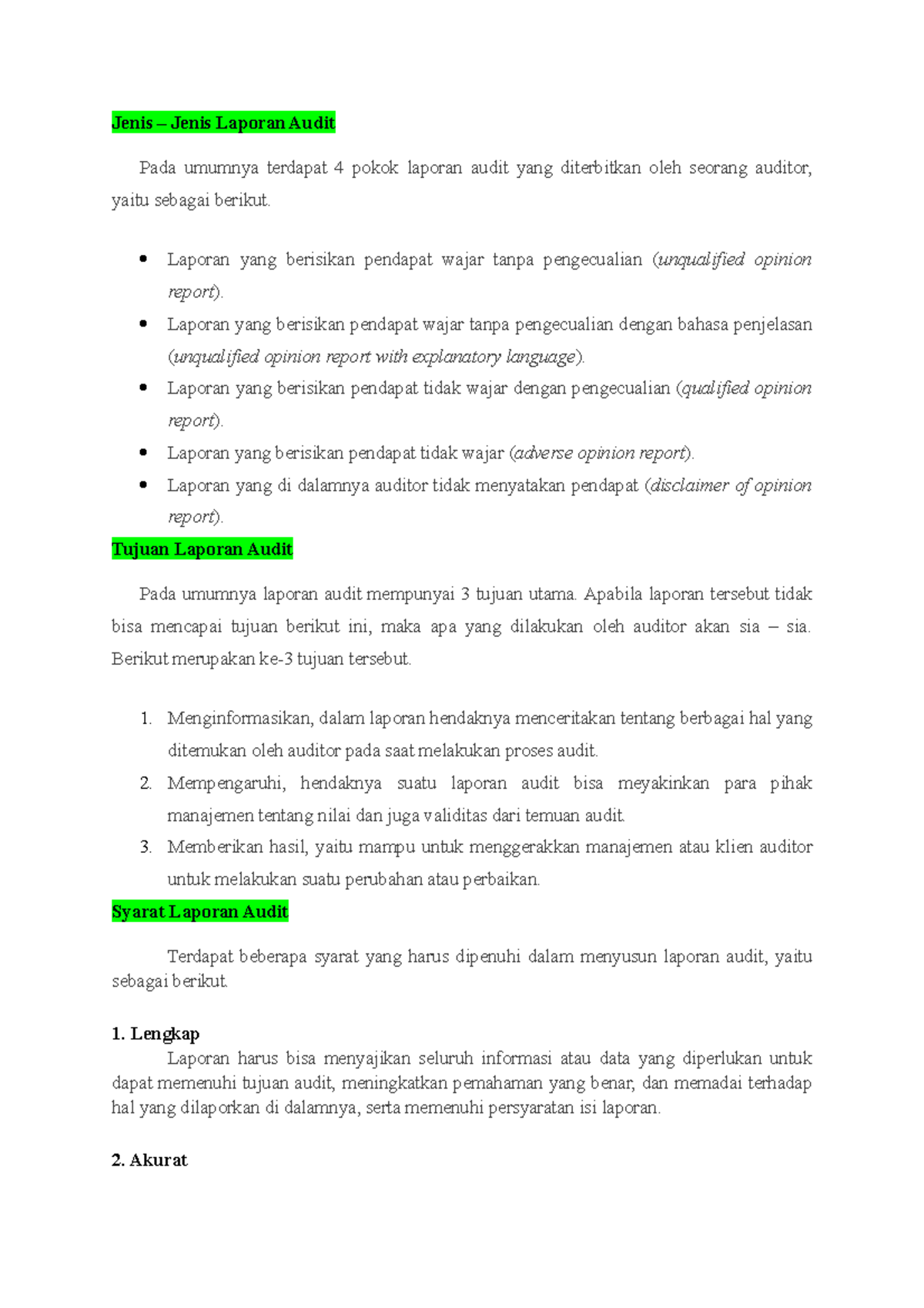 Jenis Laporan Audit - Jenis – Jenis Laporan Audit Pada umumnya terdapat ...