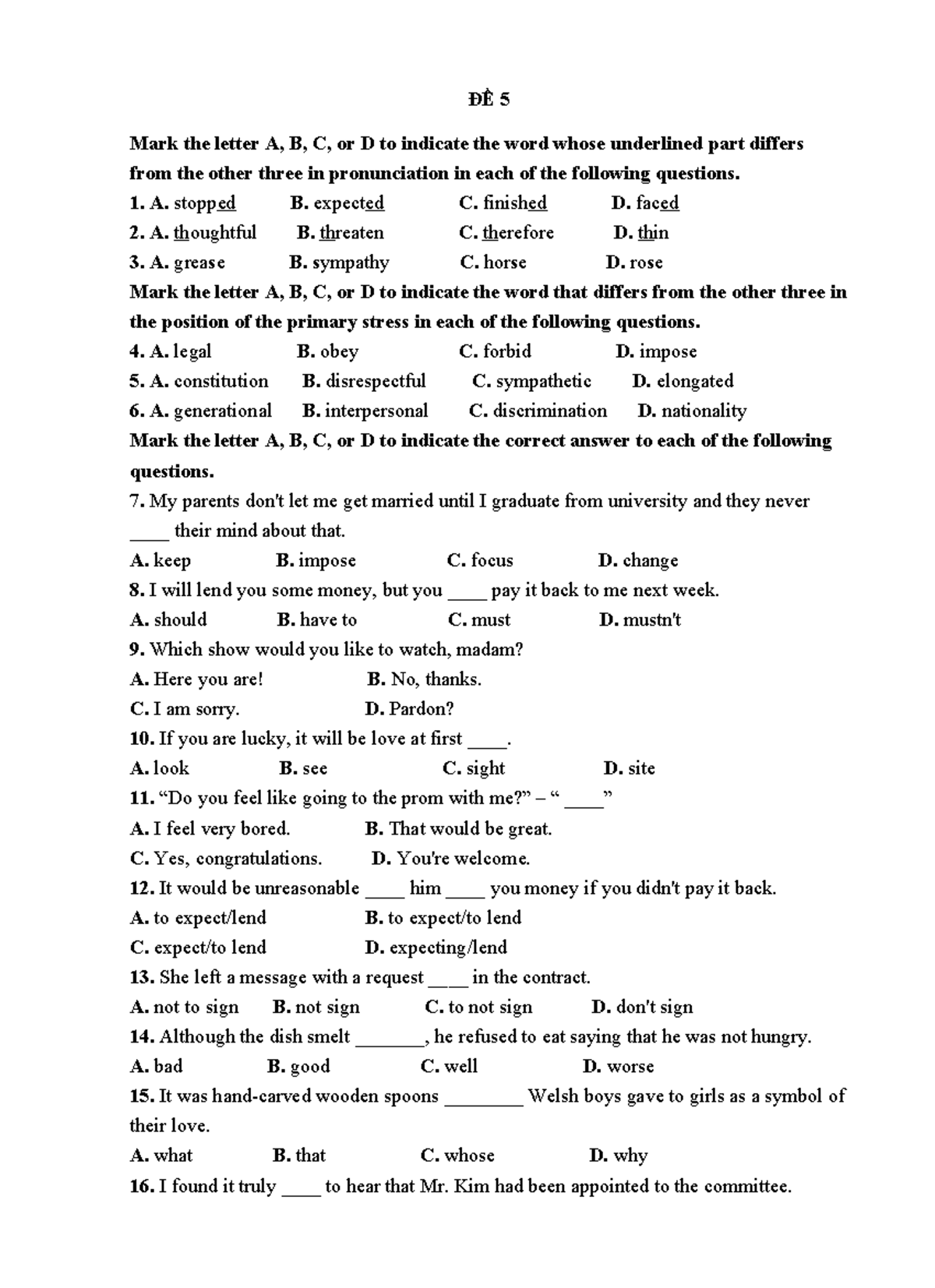 ĐỀ 5 - Aergaerga - ĐỀ 5 Mark The Letter A, B, C, Or D To Indicate The ...