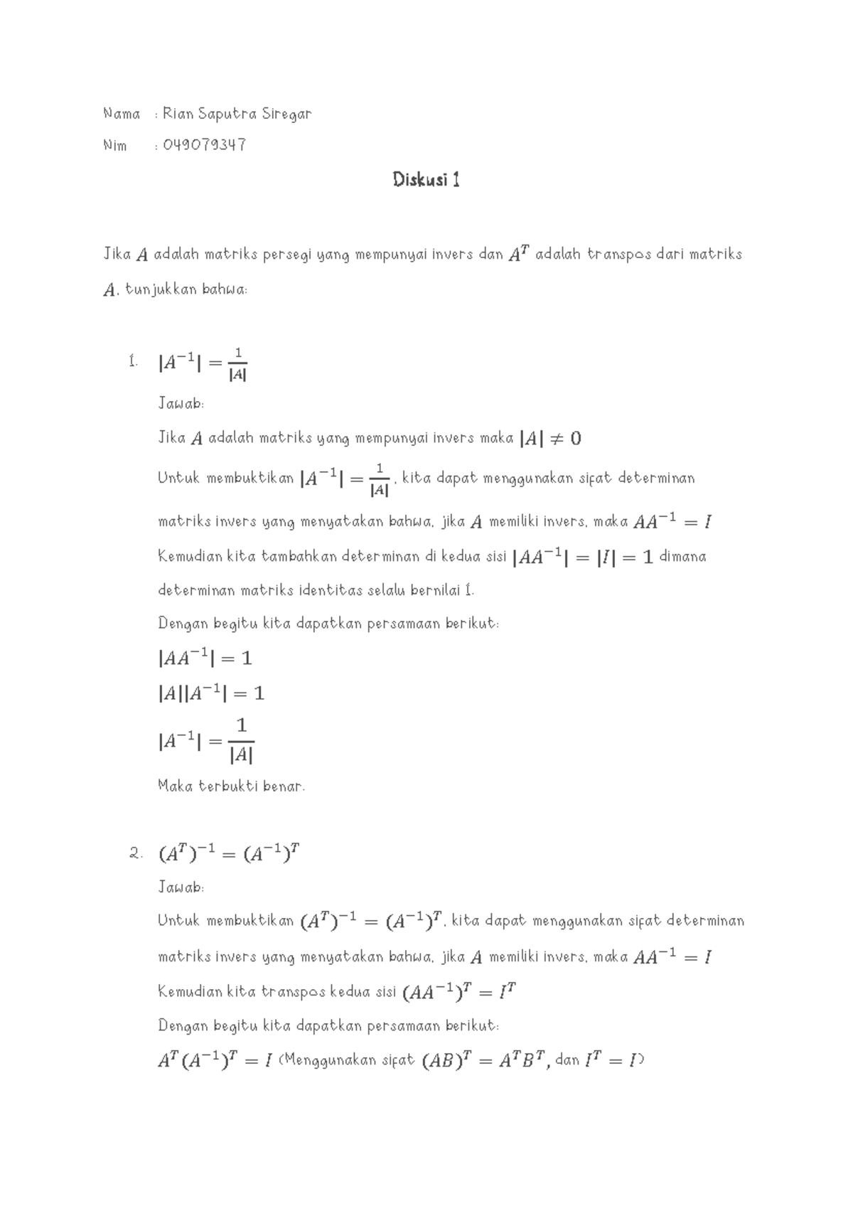 Diskusi 1 Aljabar Linear Elementer MATA4112 - Nama : Rian Saputra ...