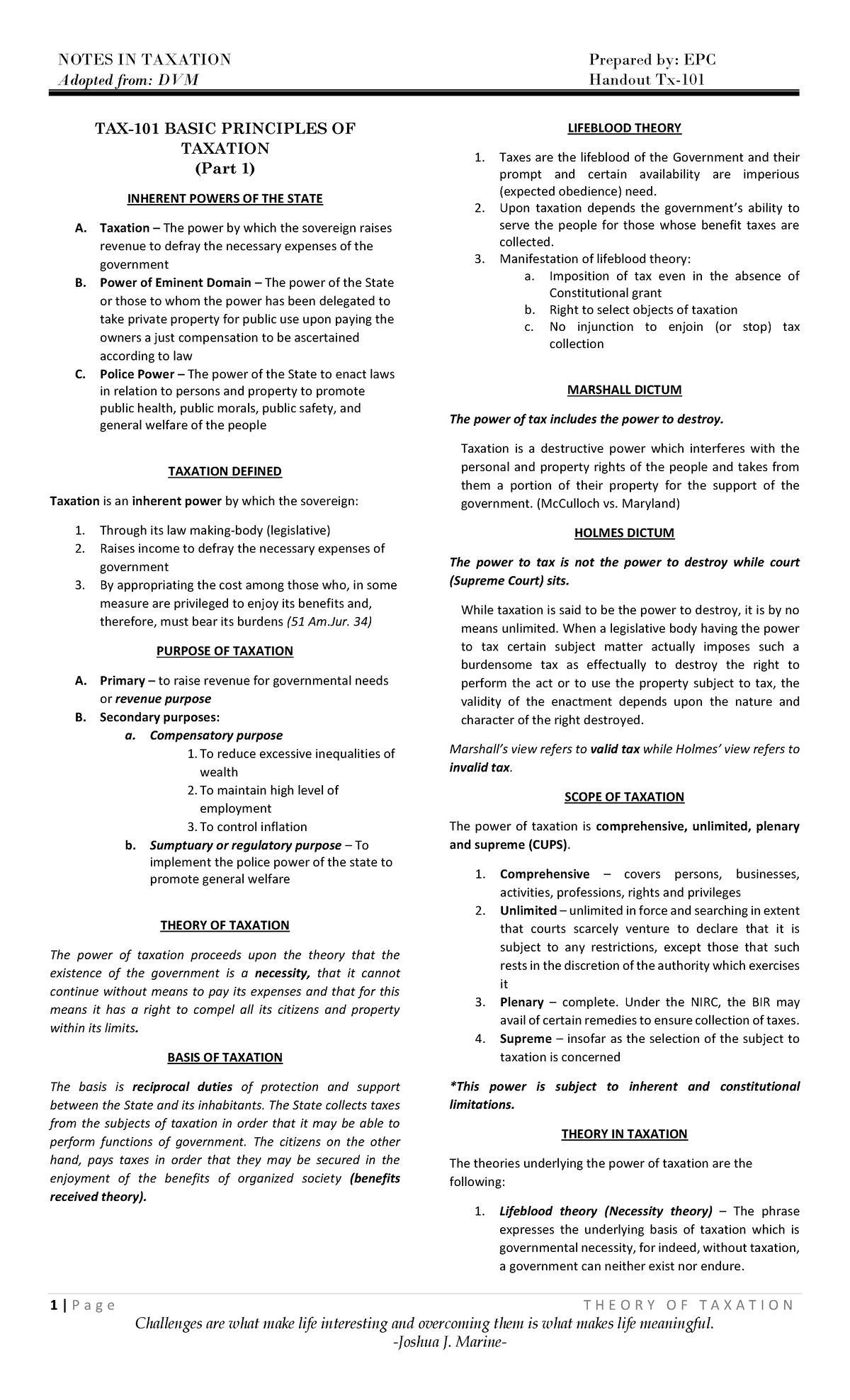 General Principles Tax101 Part1 - NOTES IN TAXATION Prepared by: EPC ...