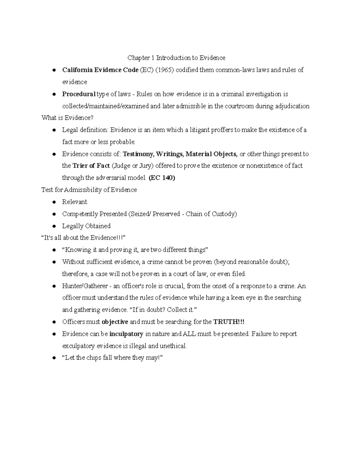 Chapter 1 Notes Chapter 1 Introduction to Evidence California Evidence Code (EC) (1965