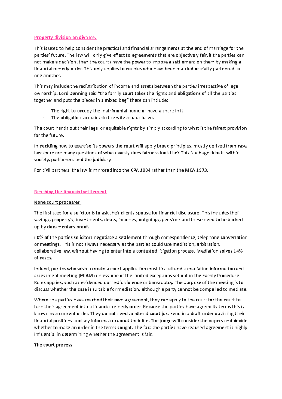 Reading notes Property division on divorce. This is used to help