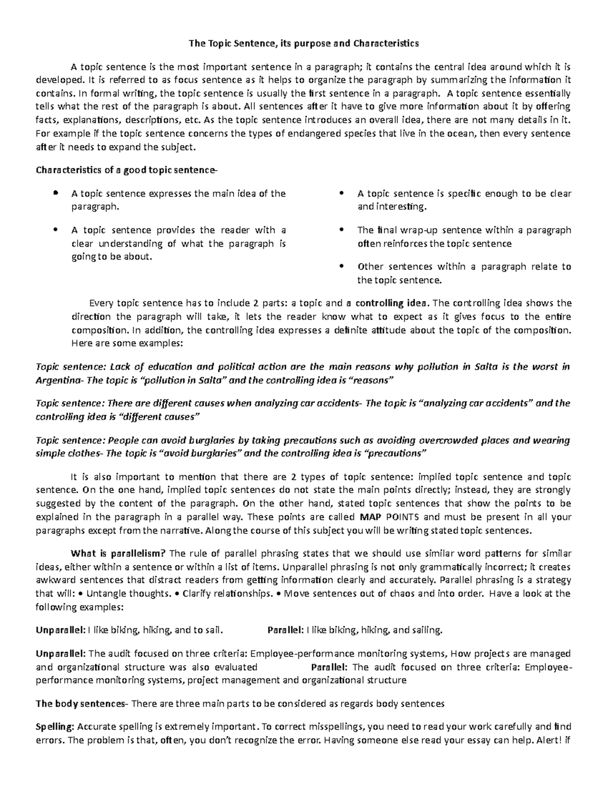 Identify The Topic Sentence Answer Key