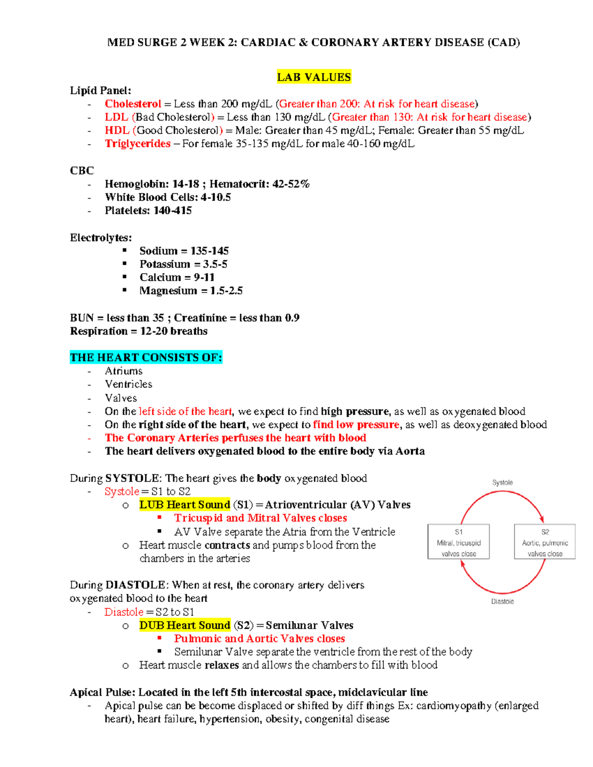 Med Surge 2 Week 2 - Notes and practice questions - LAB VALUES Lipid ...