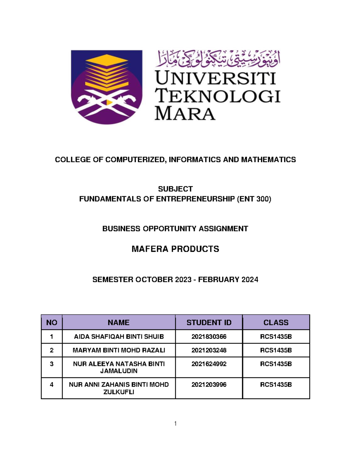 Business Opportunity ENT300 - COLLEGE OF COMPUTERIZED, INFORMATICS AND ...