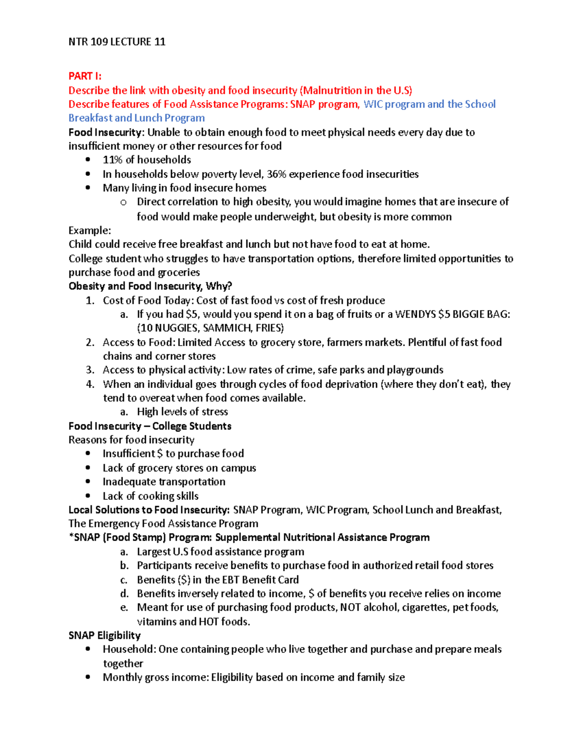 NTR 109 - Week 11 Lecture Notes - PART I: Describe the link with ...