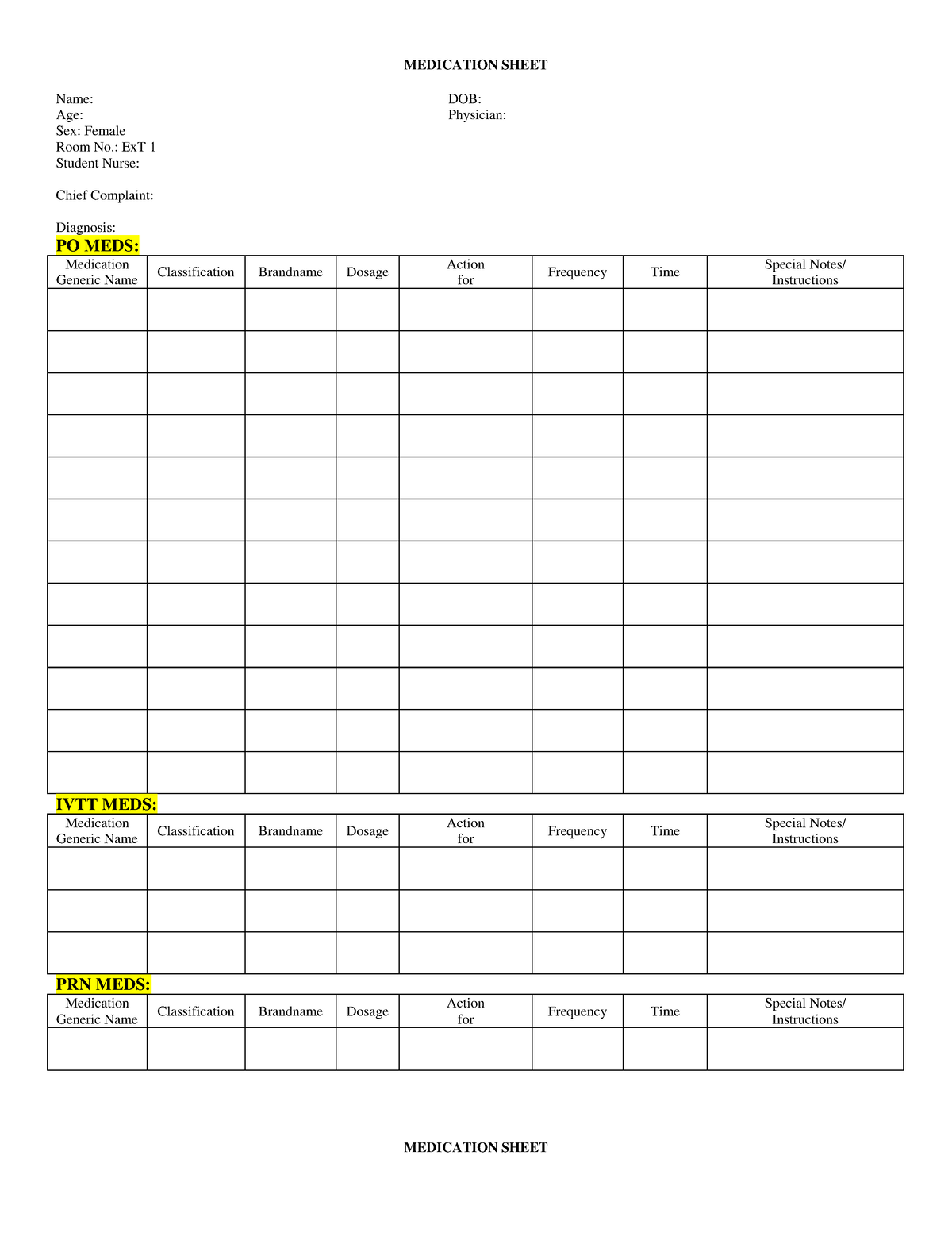 Medication- Chart 072234 - MEDICATION SHEET Name: DOB: Age: Physician ...