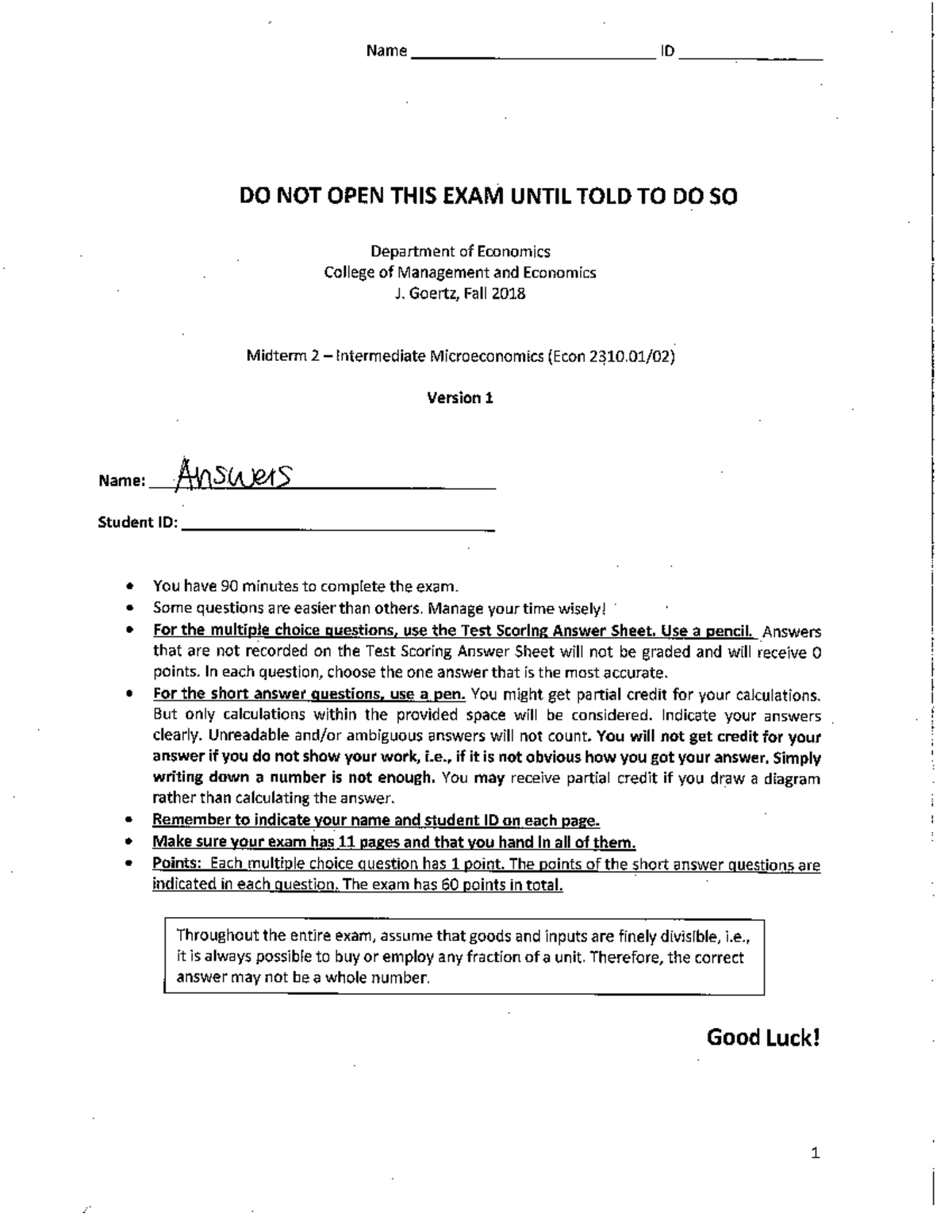 Solutions Midterm 2 Version 1 F18 - Econ2310 - Studocu