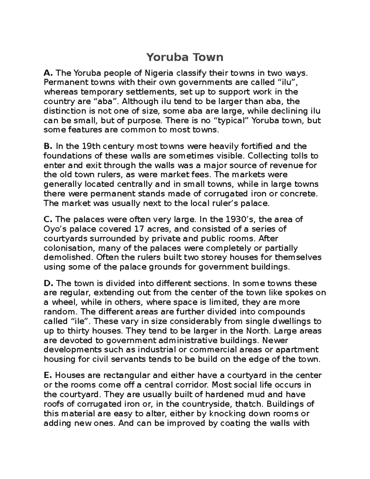 Yoruba Town reading test 1 Yoruba Town A. The Yoruba people of