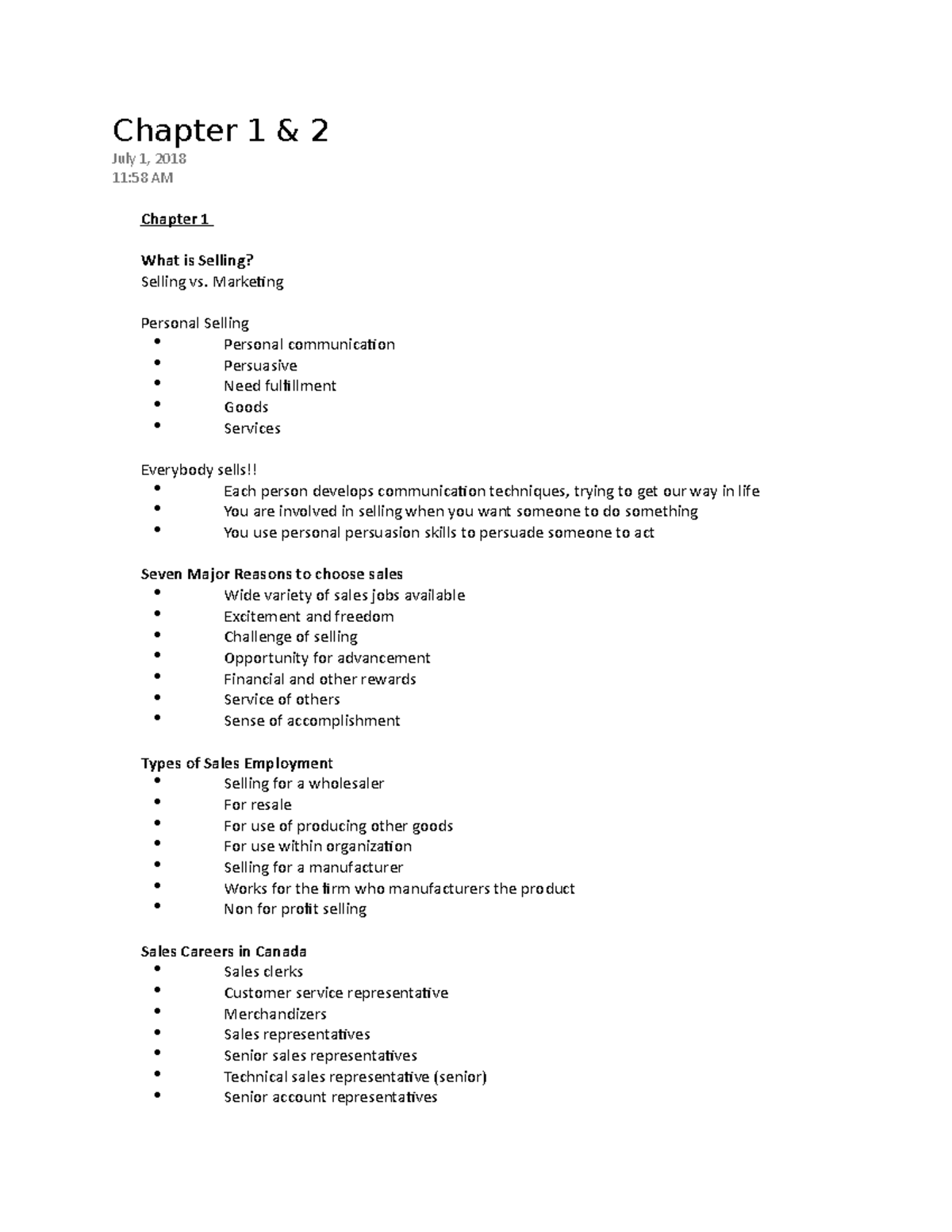 Effective Selling BMT545 - Lecture notes 1-14 - Chapter 1 & 2 July 1 ...