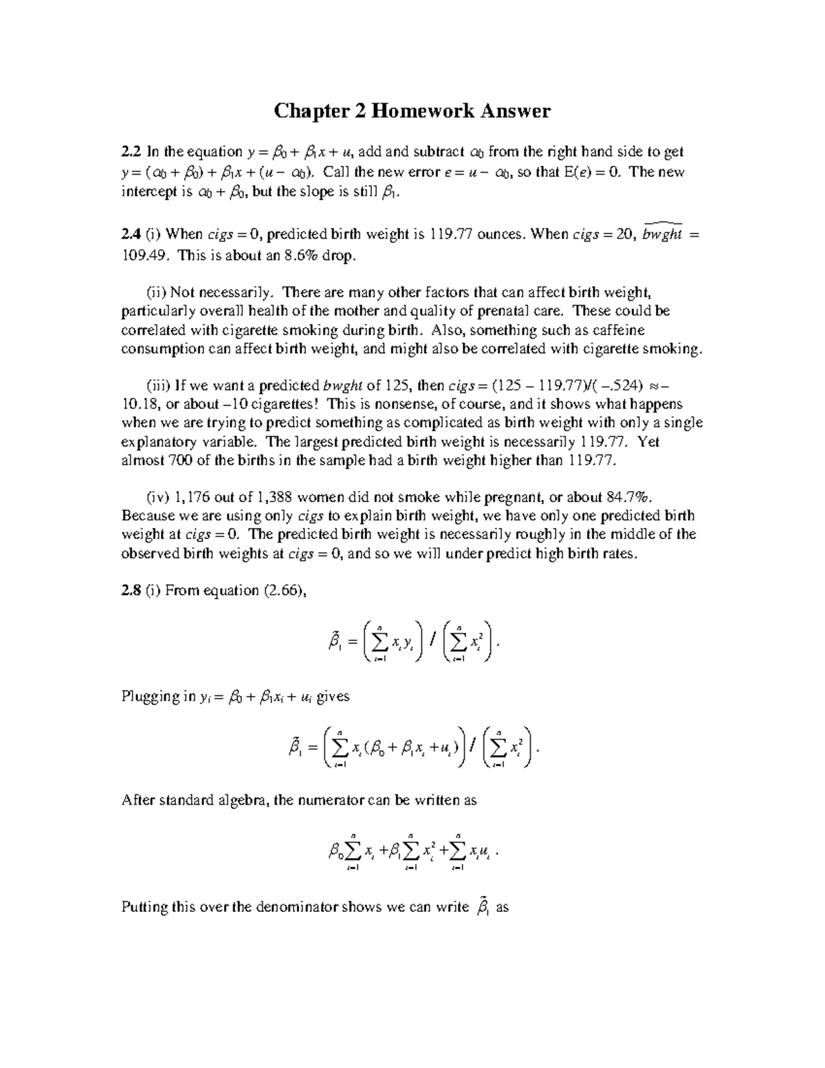 Econometrics Chapter 2 - Chapter 2 Homework Answer 2 In The Equation Y ...