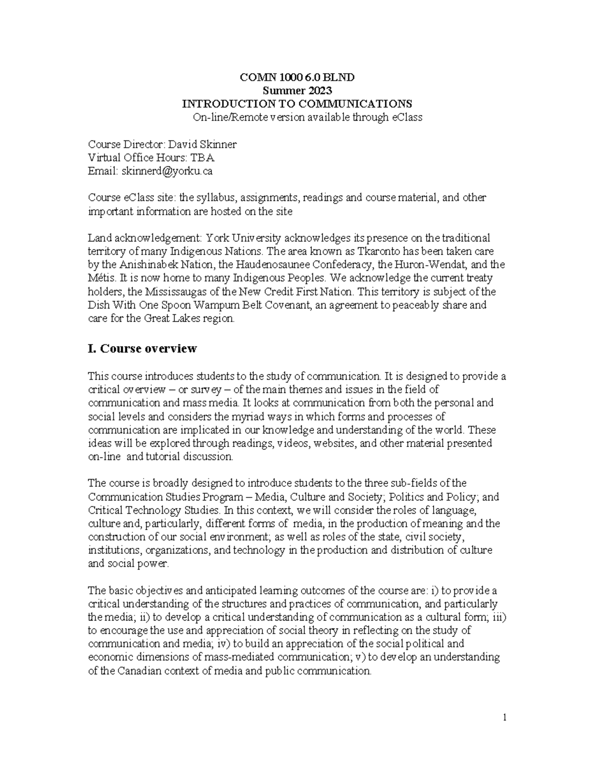 COMN 1000 syllabus - COMN 1000 6 BLND Summer 2023 INTRODUCTION TO ...
